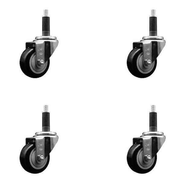3'' Black Poly Wheel Swivel 1'' Expanding Stem Caster Set, 4PK